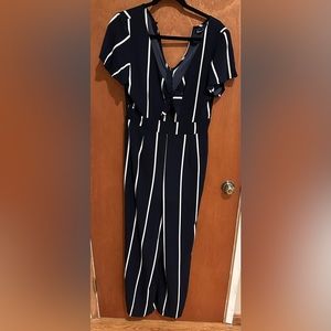 Navy and white striped jumpsuit